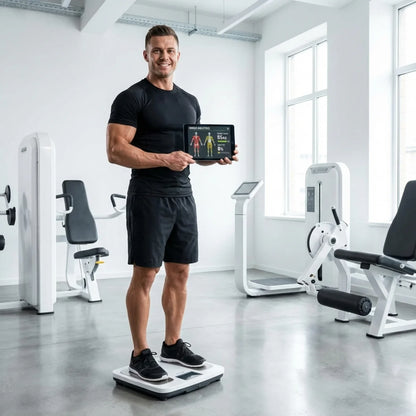 Fit man in gym on smart scale holding digital body analysis, promoting urmax supplements