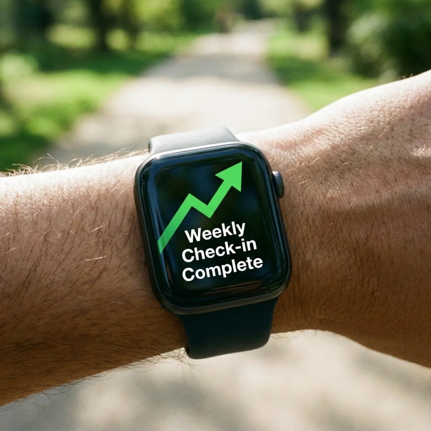 Smartwatch on wrist showing upward graph and 'Weekly Check-in Complete' for fitness tracking