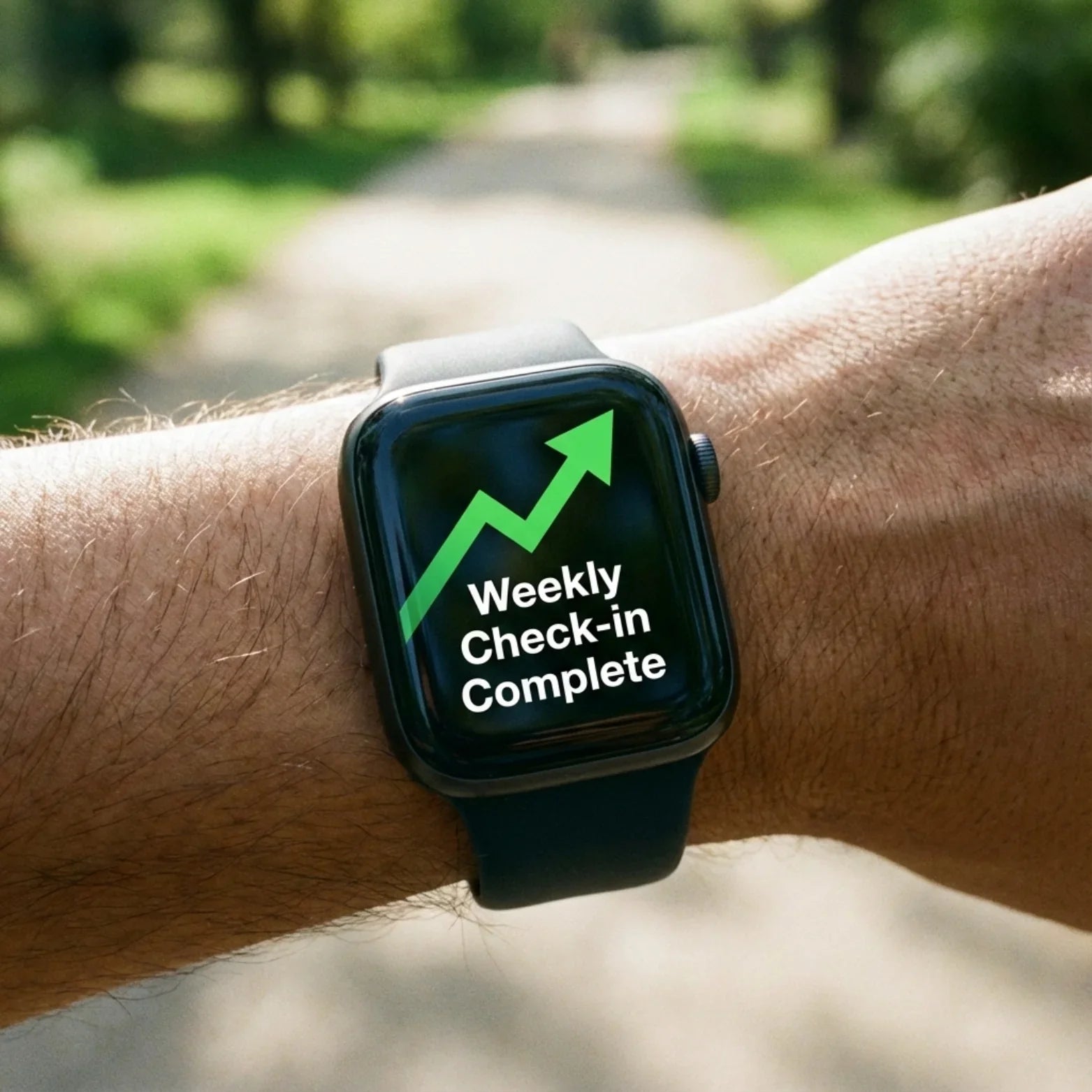 Smartwatch on wrist showing upward graph and 'Weekly Check-in Complete' for fitness tracking