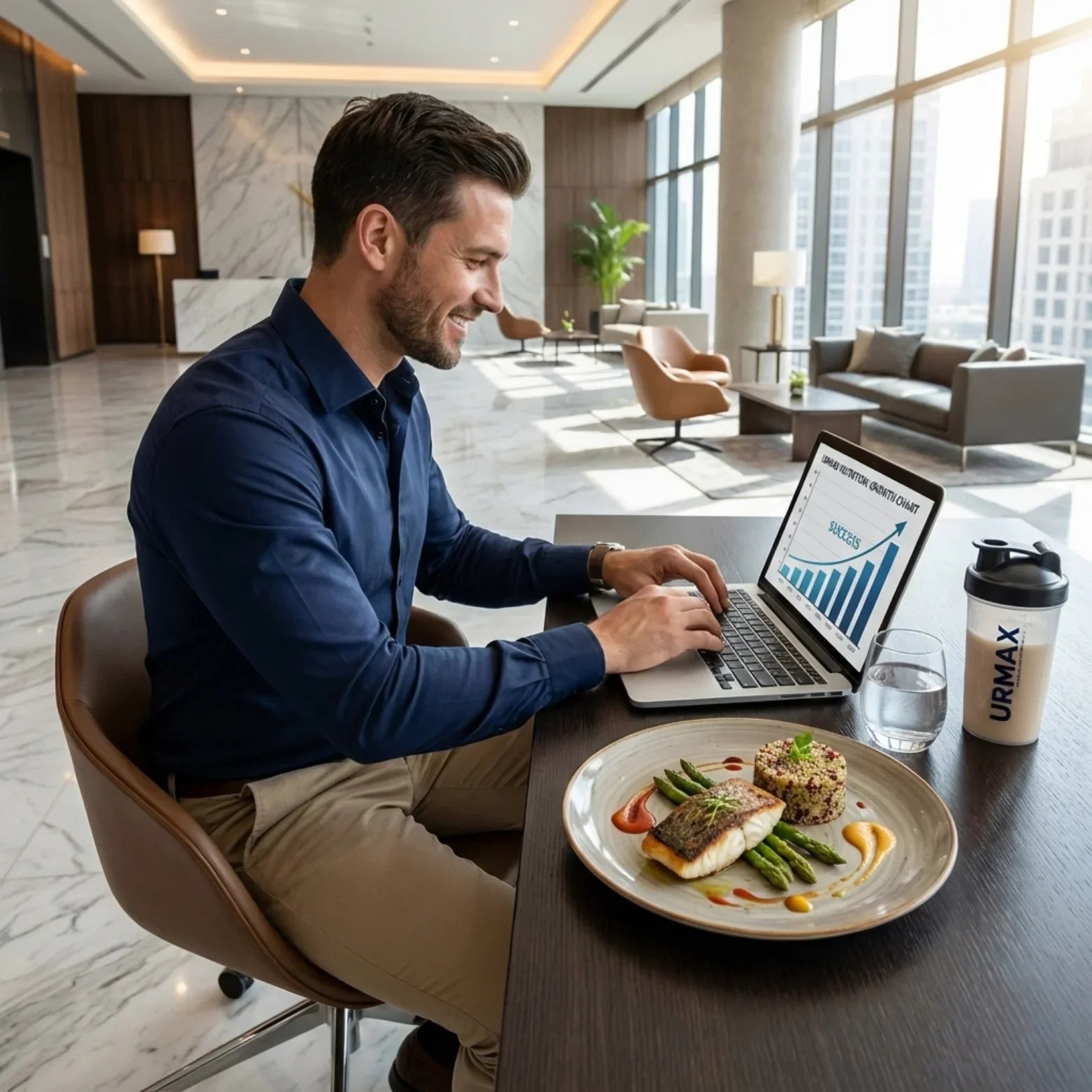 Man working on laptop in modern office with URMAX shaker, healthy meal, and growth chart on screen