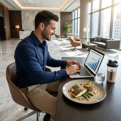 Man working on laptop in modern office with URMAX shaker, healthy meal, and growth chart on screen