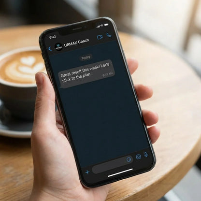 Hand holding smartphone with URMAX Coach chat, health supplement support message visible