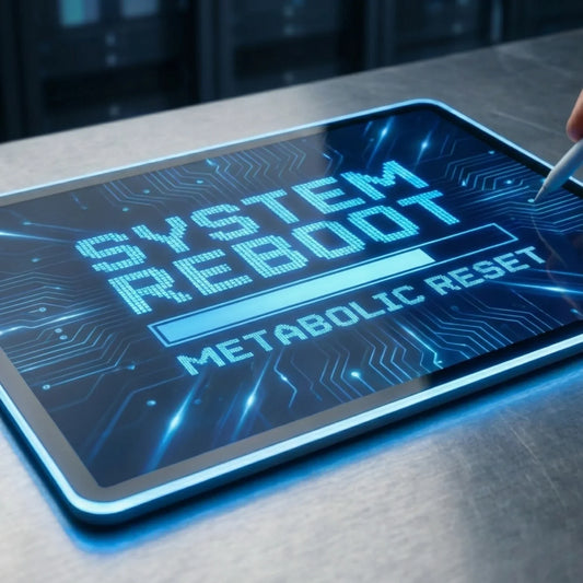 Digital tablet on metal table displaying 'System Reboot Metabolic Reset', URMAX theme.