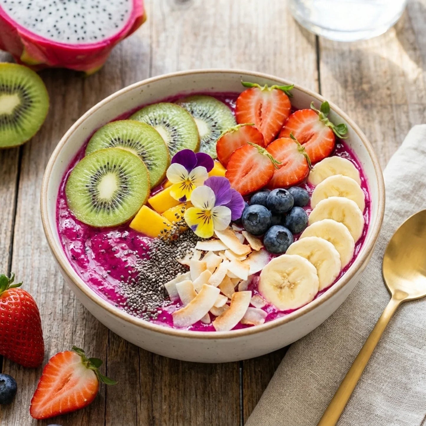 Colorful smoothie bowl with kiwi, strawberries, banana, blueberries, and chia seeds on wood table