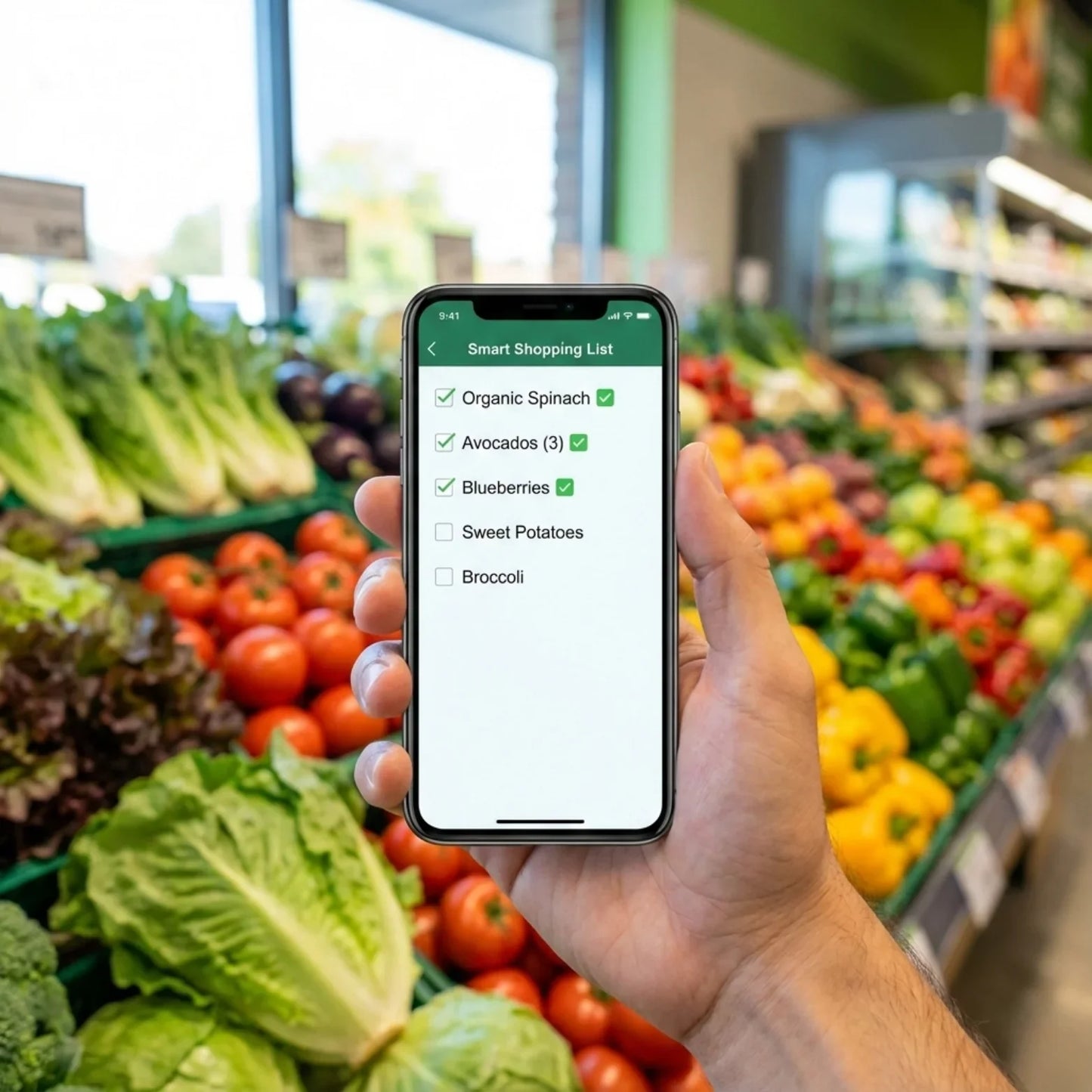 Hand holding smartphone with shopping list, fresh vegetables in grocery store background