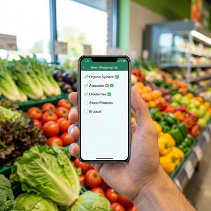 Hand holding smartphone with shopping list, fresh vegetables in grocery store background