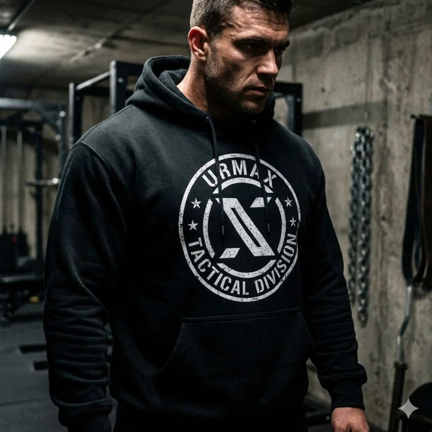 Man wearing URMAX Tactical Division hoodie in a gym setting, fitness apparel