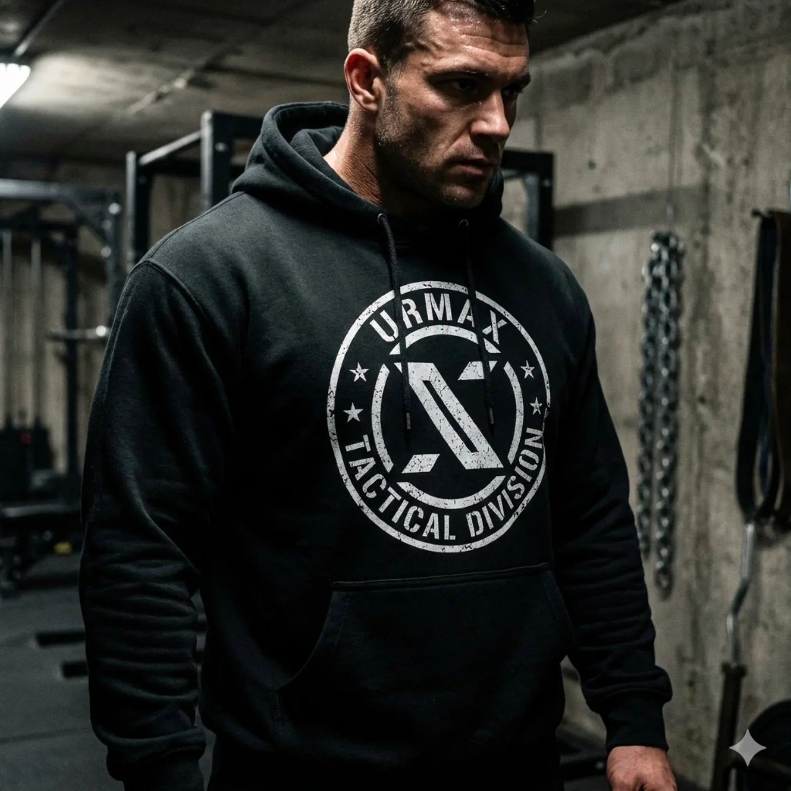 Man wearing URMAX Tactical Division hoodie in a gym setting, fitness apparel