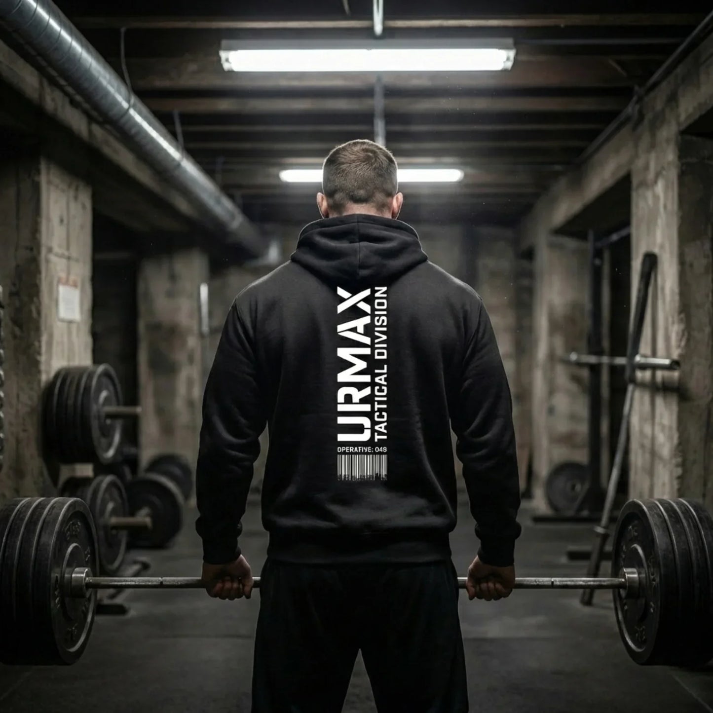 Man in URMAX Tactical Division hoody lifting barbell in industrial gym setting