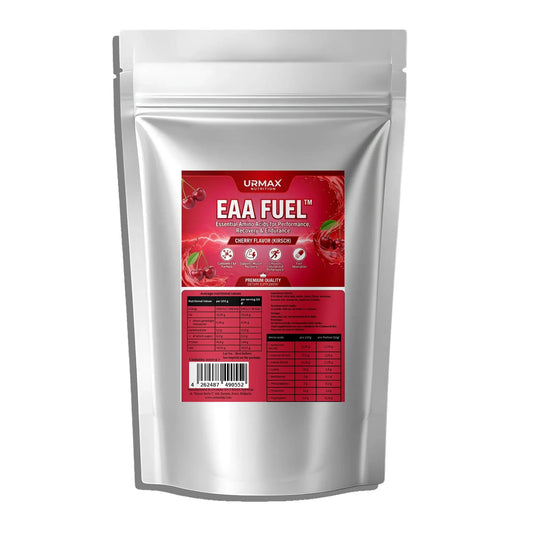 Urmax EAA Fuel cherry flavor supplement pouch, red label, essential amino acids