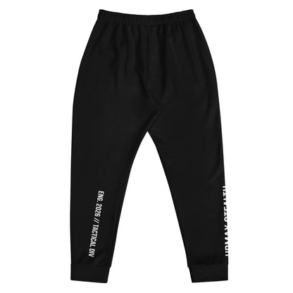 Black men's joggers with white side text, elastic waistband, urmax activewear