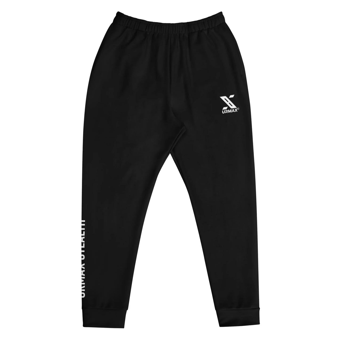 Black men's joggers with URMAX logo on front and branded text on left leg