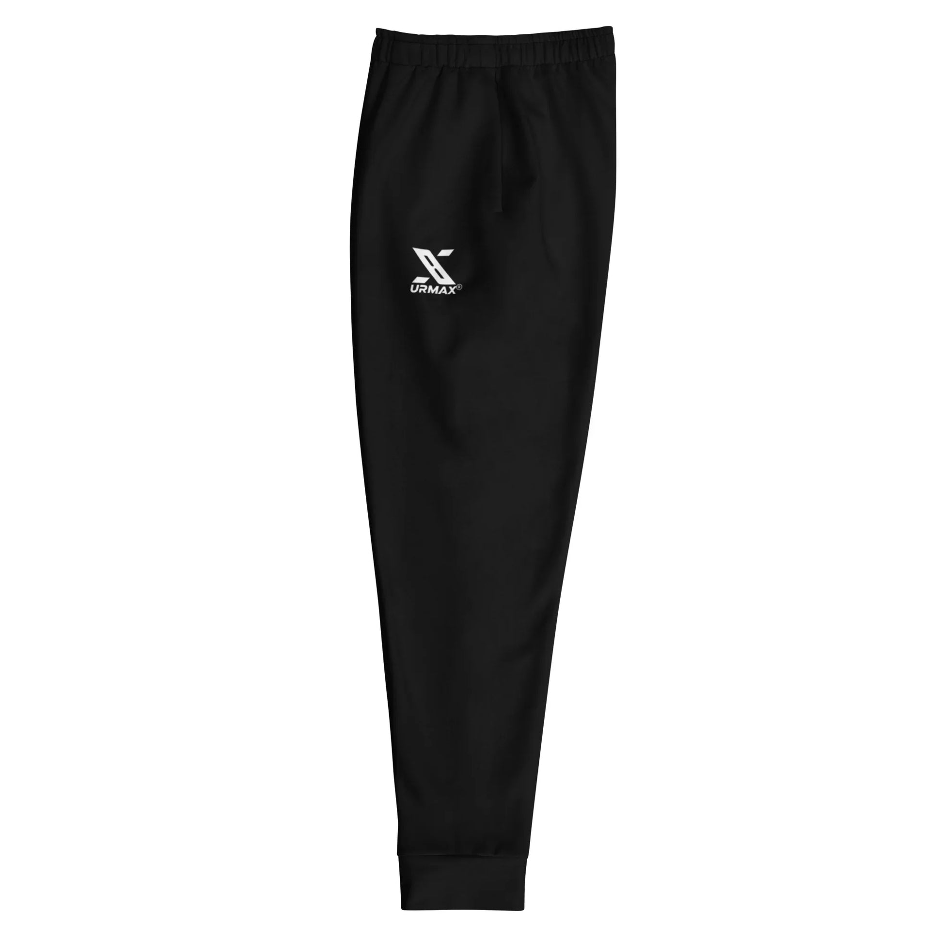 Black men’s joggers with white URMAX logo, elastic waistband, athletic fit