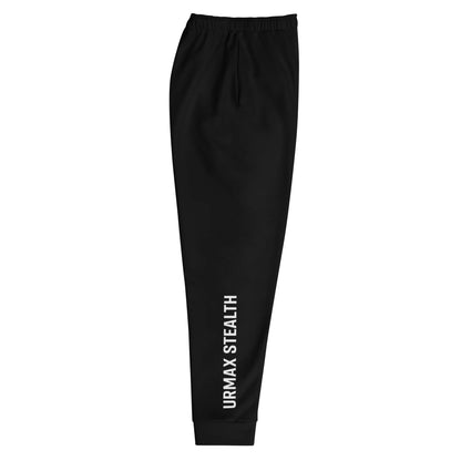 Black urmax men's joggers with 'URMAX STEALTH' white side print, elastic waist, athletic wear