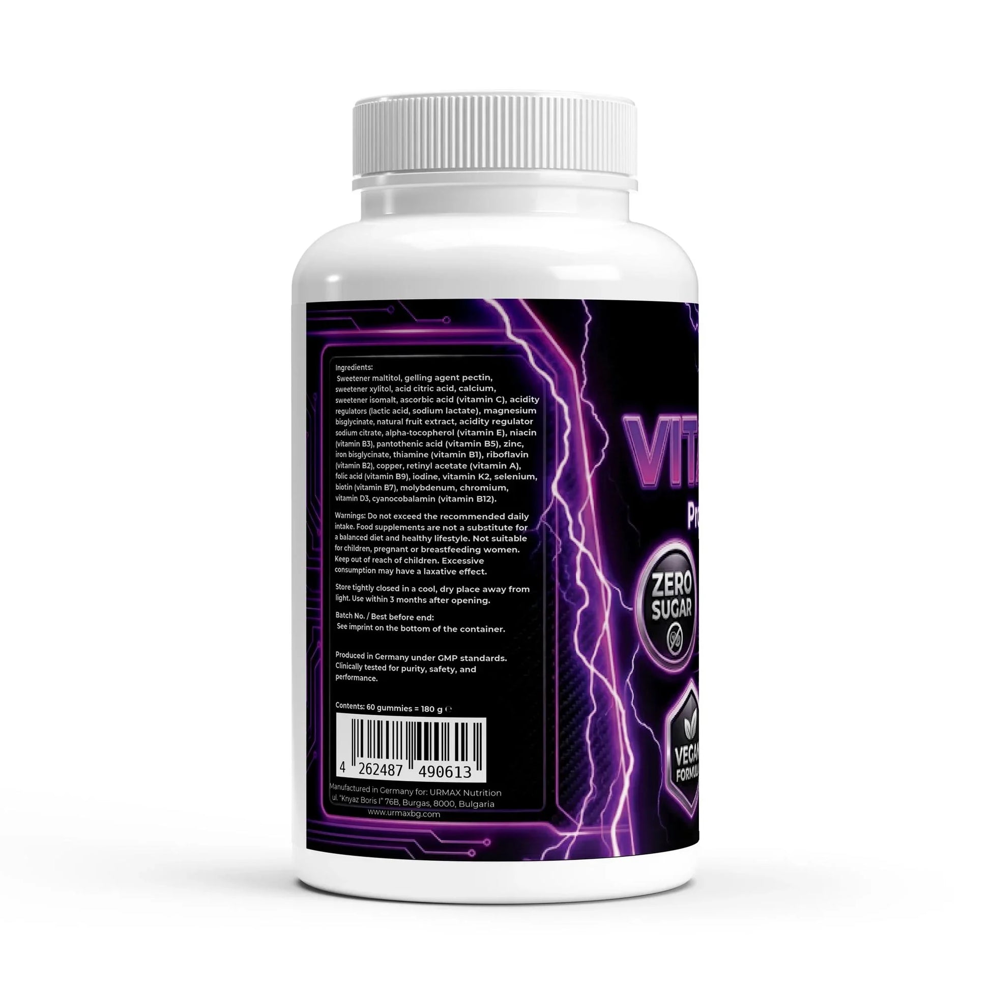 Back label of Urmax vegan vitamin gummies supplement bottle with lightning design