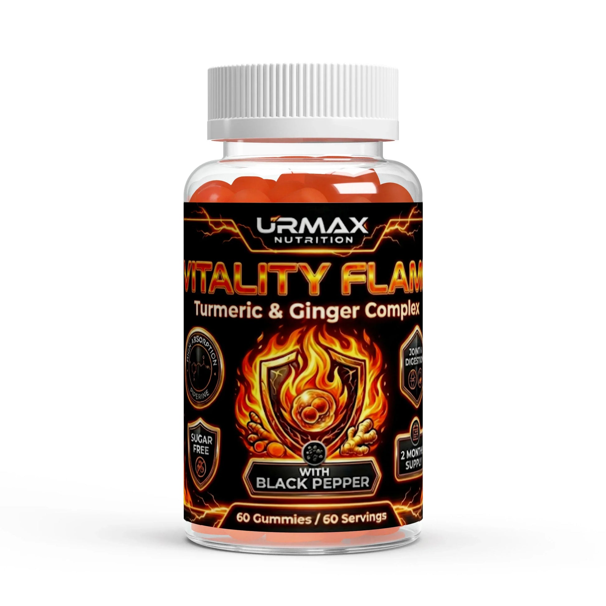 Urmax Vitality Flame Turmeric & Ginger Complex bottle with black pepper, orange gummies, nutritional supplement