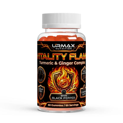 Urmax Vitality Flame Turmeric & Ginger Complex bottle with black pepper, orange gummies, nutritional supplement