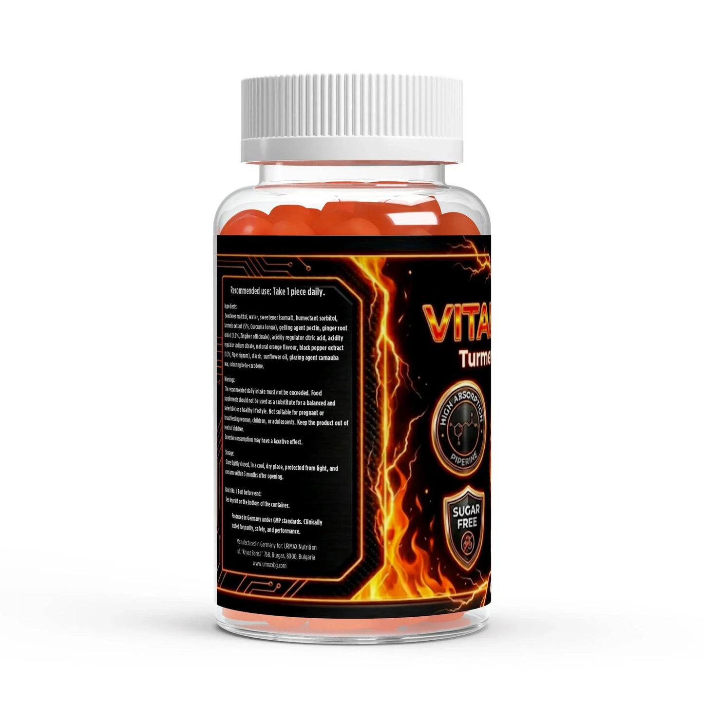 Urmax turmeric supplement bottle with orange capsules, black label, and fiery design