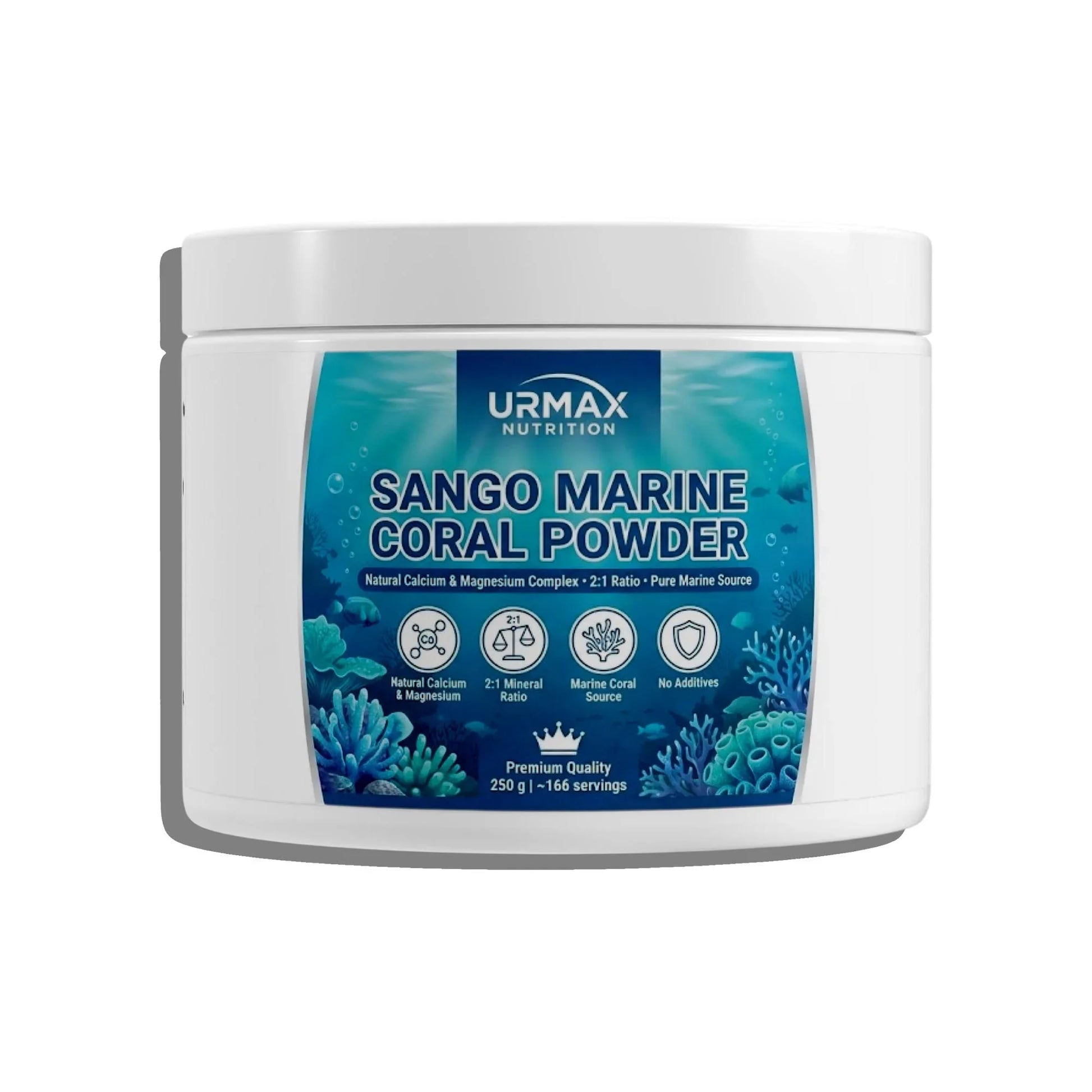 Urmax Sango Marine Coral Powder supplement container, calcium magnesium, marine source.