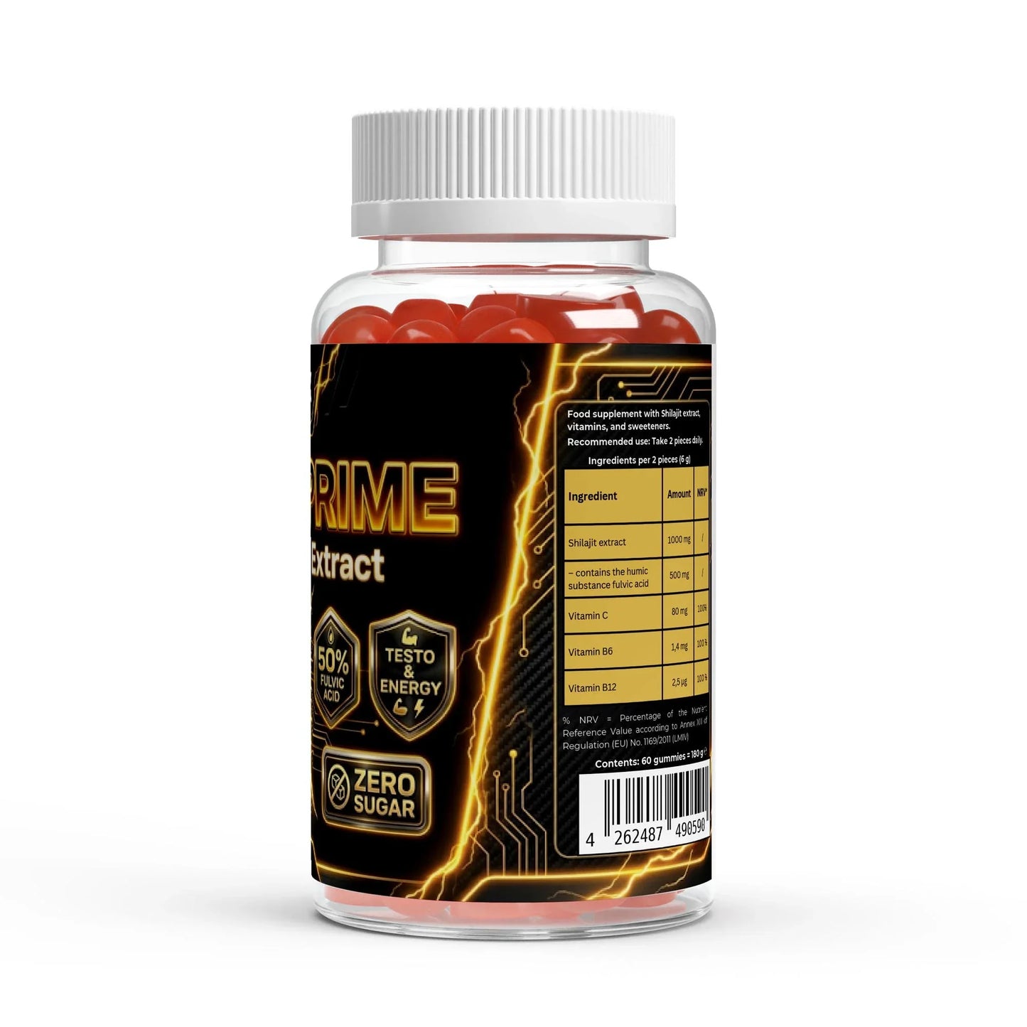 Urmax dietary supplement bottle with shilajit extract gummies, zero sugar label, black and yellow design