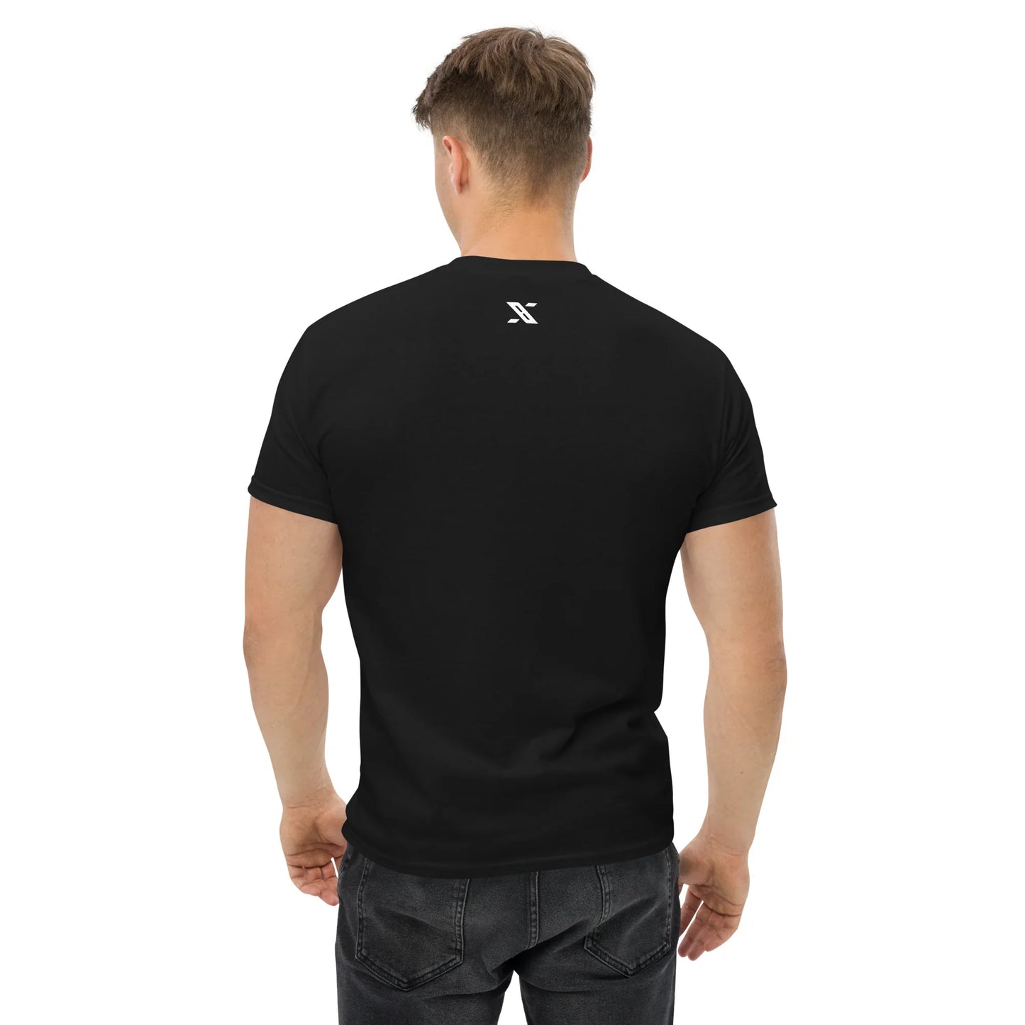 Back view of unisex black classic tee with small white urmax logo, fitness clothing