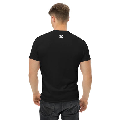 Back view of unisex black classic tee with small white urmax logo, fitness clothing