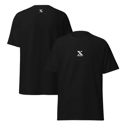 Black unisex URMAX classic tee with logo on front and back, athletic apparel