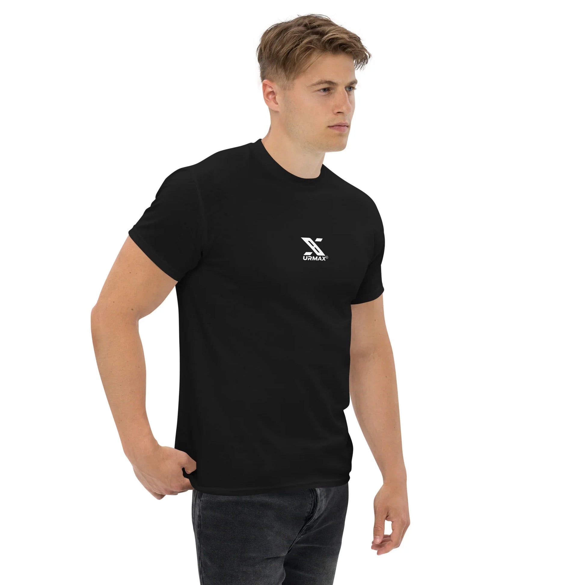 Man wearing black URMAX unisex classic tee with white logo, fitness apparel