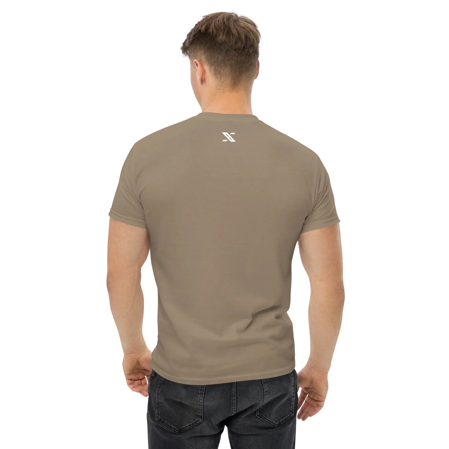 Man wearing brown unisex classic tee, urmax logo on back, plain background