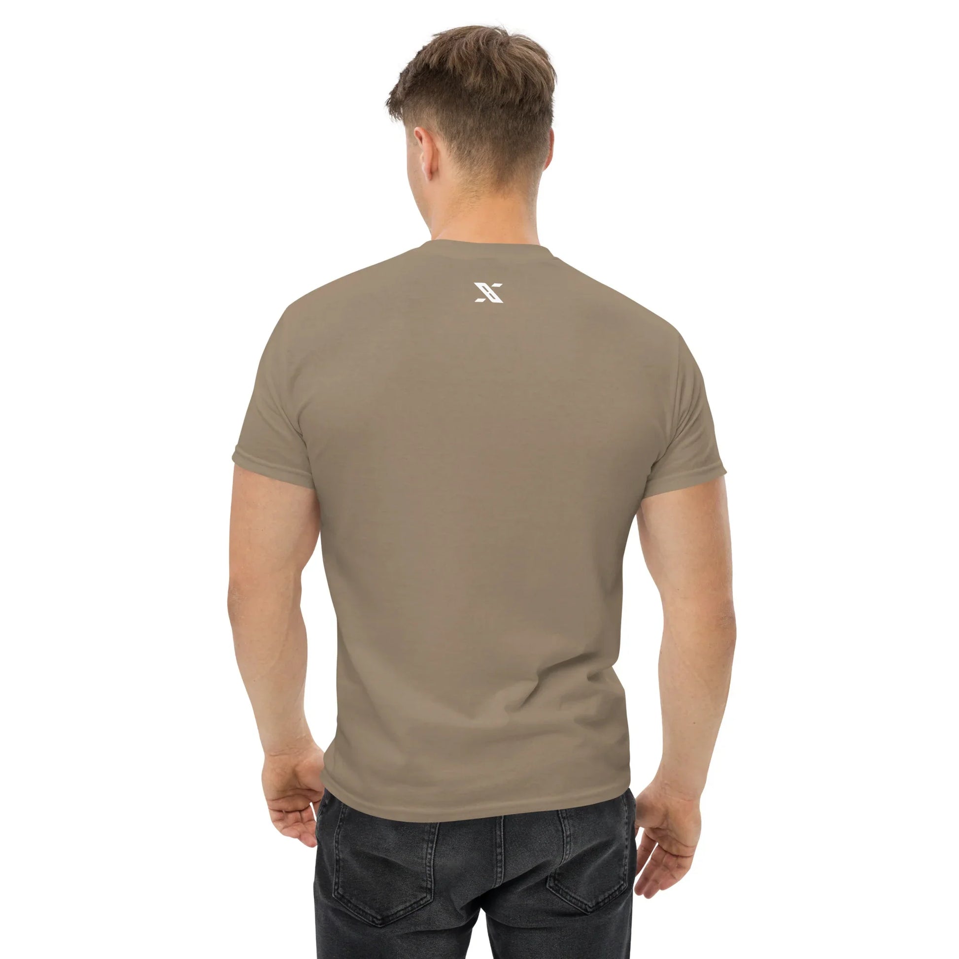 Man wearing brown unisex classic tee, urmax logo on back, plain background