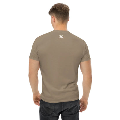 Man wearing brown unisex classic tee, urmax logo on back, plain background