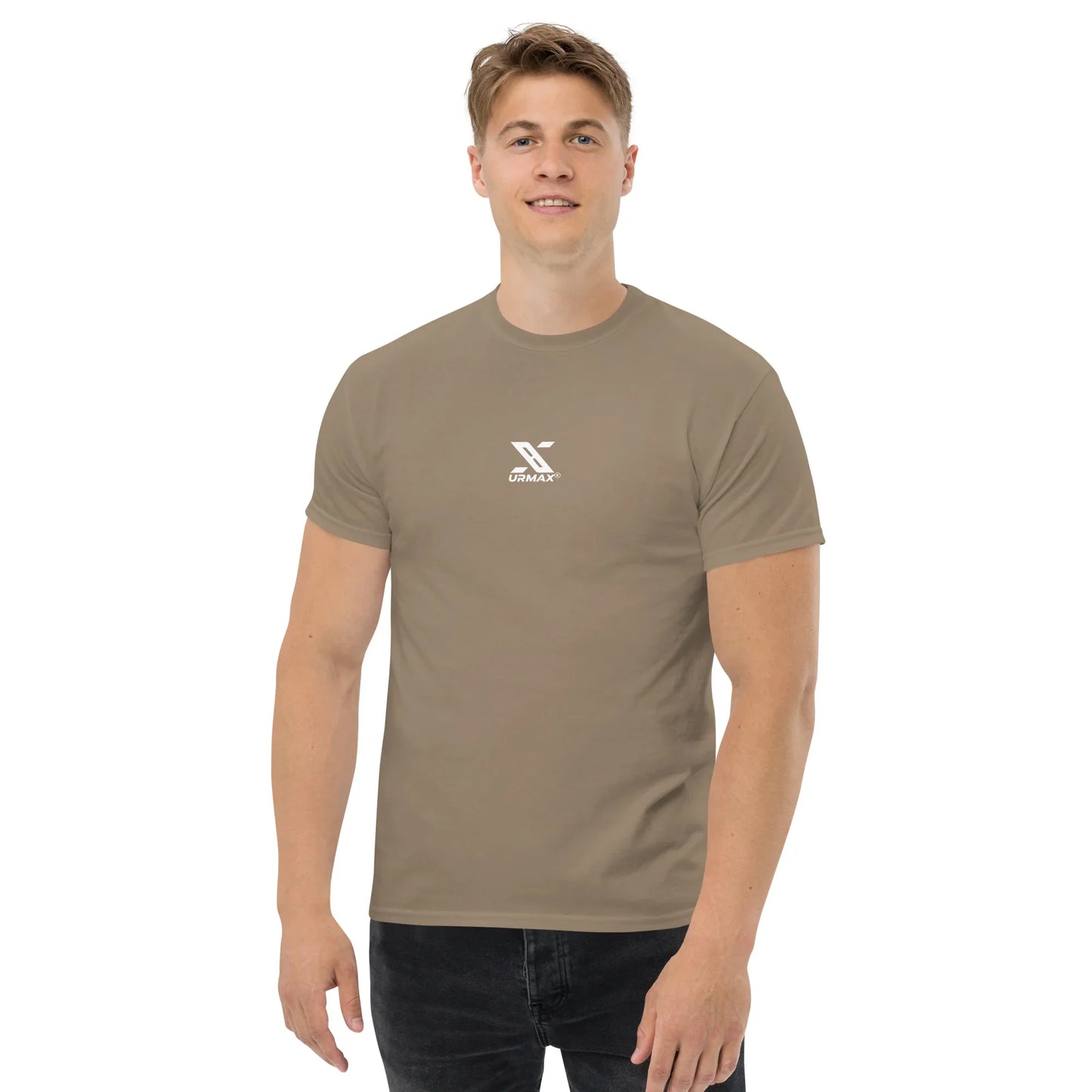 Man wearing a brown URMAX unisex classic tee with white logo, plain background