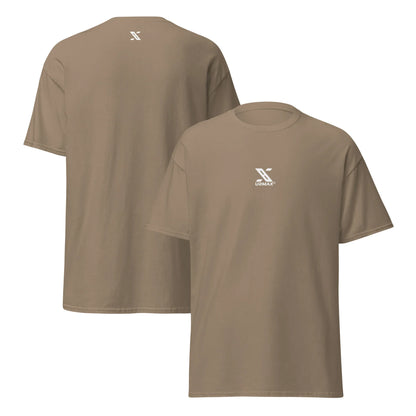 Unisex classic brown tee with small white URMAX logo on chest and back, front and back view