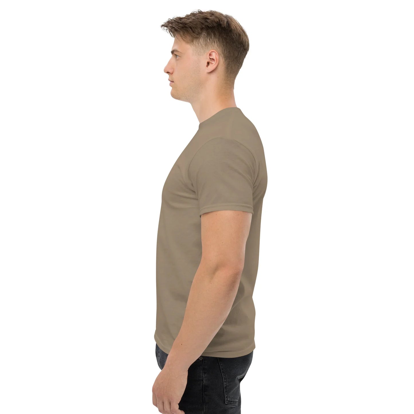 Man wearing unisex classic brown t-shirt, side view, plain background, urmax apparel