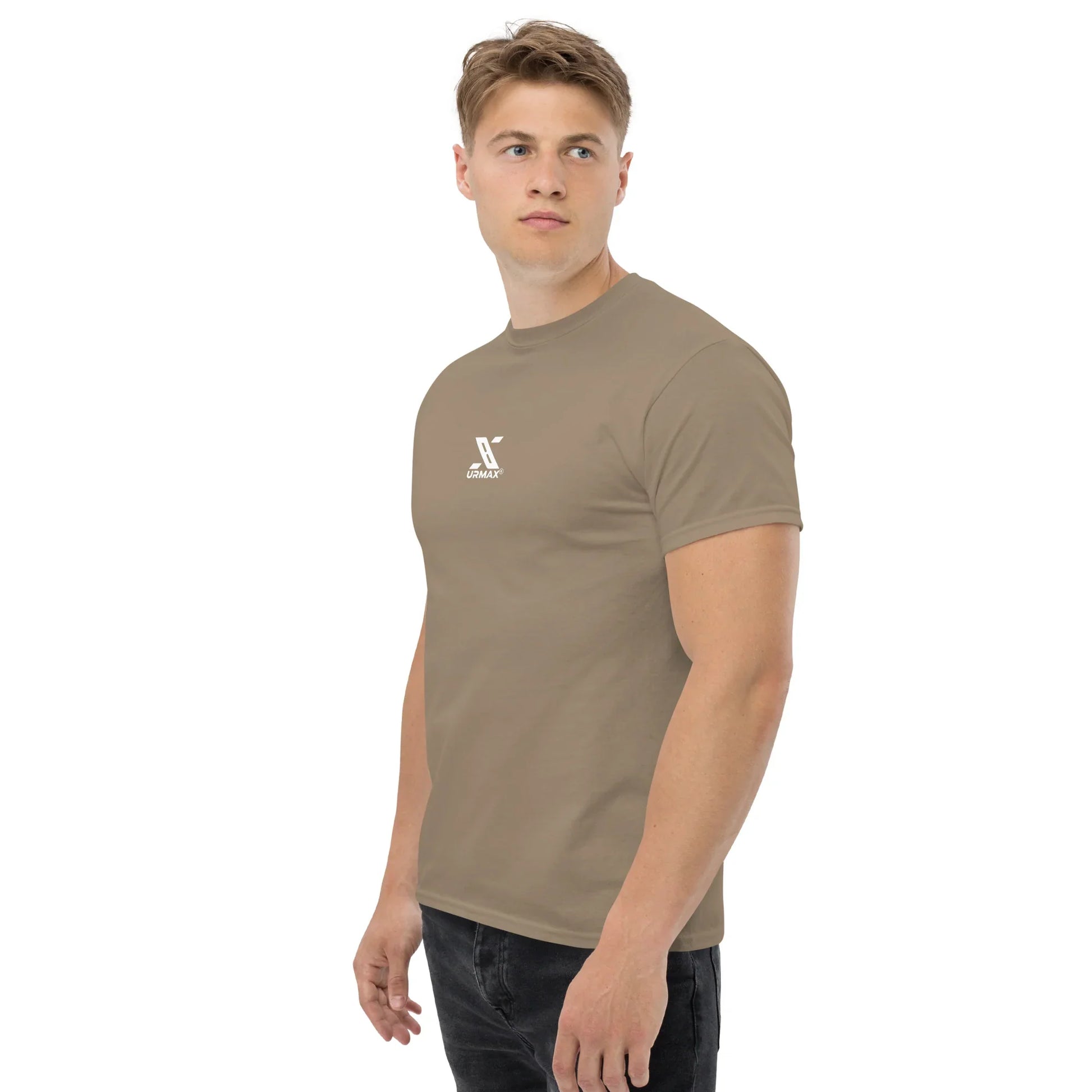 Man wearing brown unisex classic Urmax t-shirt with white logo on chest, plain background