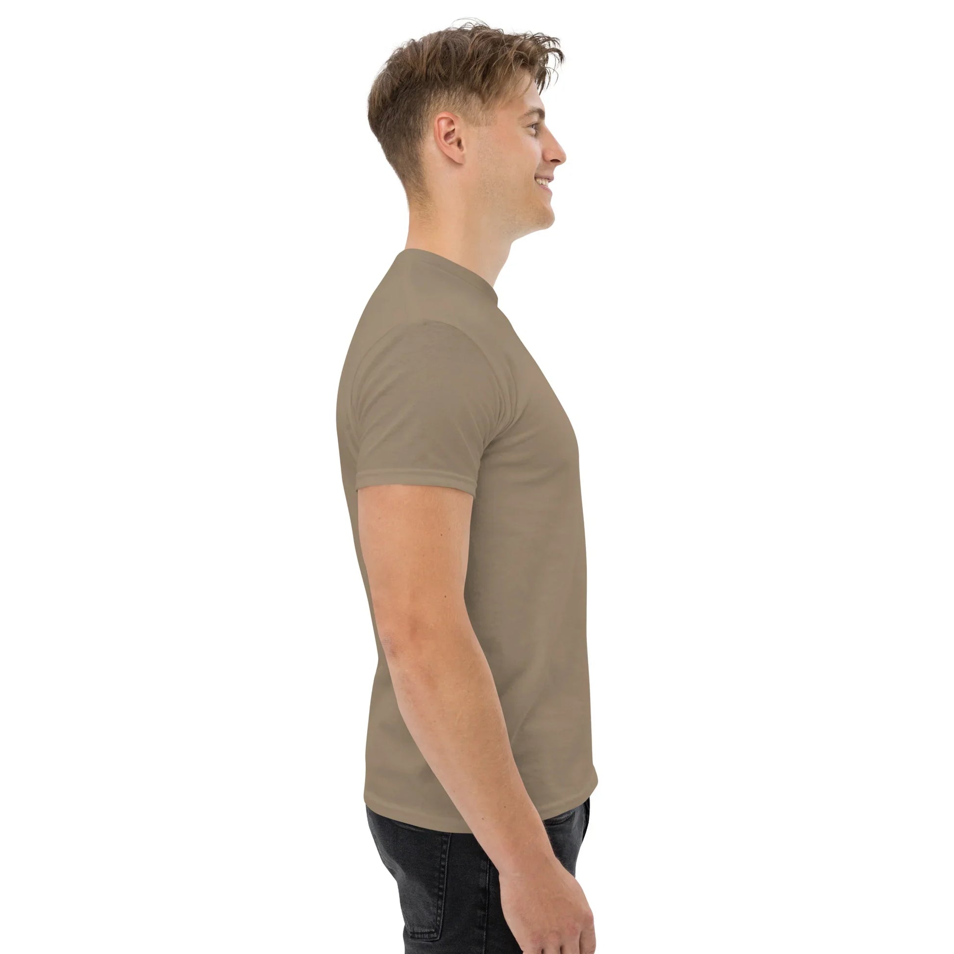 Man wearing unisex classic brown tee, side profile, plain background, urmax apparel