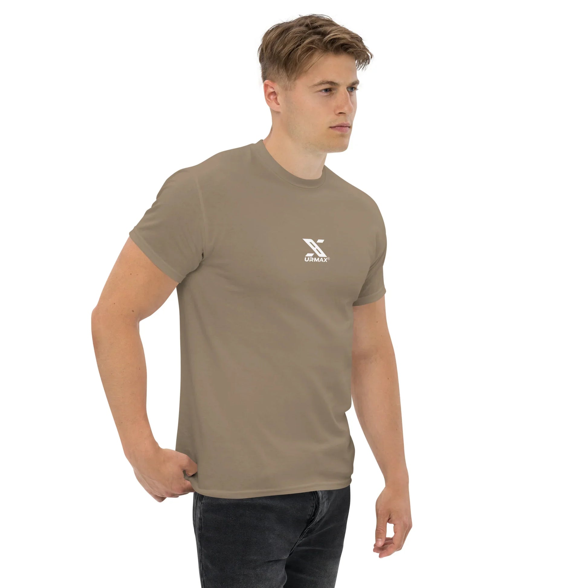 Man wearing a brown URMAX classic tee with logo, fitness apparel, white background