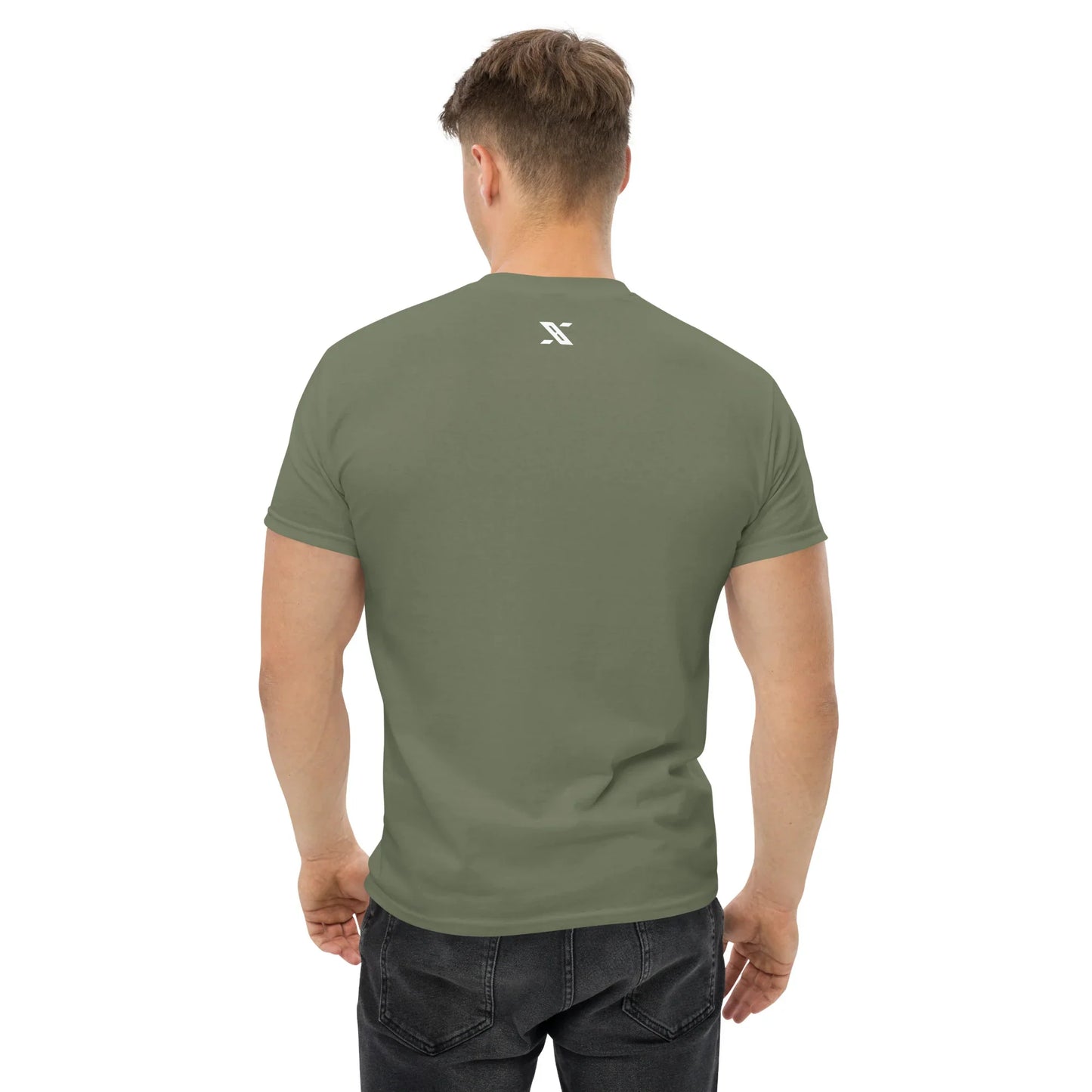 Man wearing unisex classic military green urmax t-shirt, back view, casual jeans