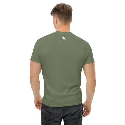 Man wearing unisex classic military green urmax t-shirt, back view, casual jeans