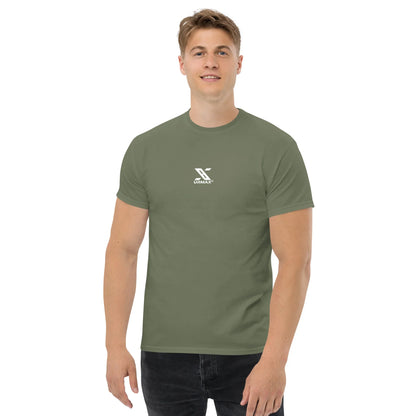 Man wearing military green urmax unisex classic tee with white logo on chest