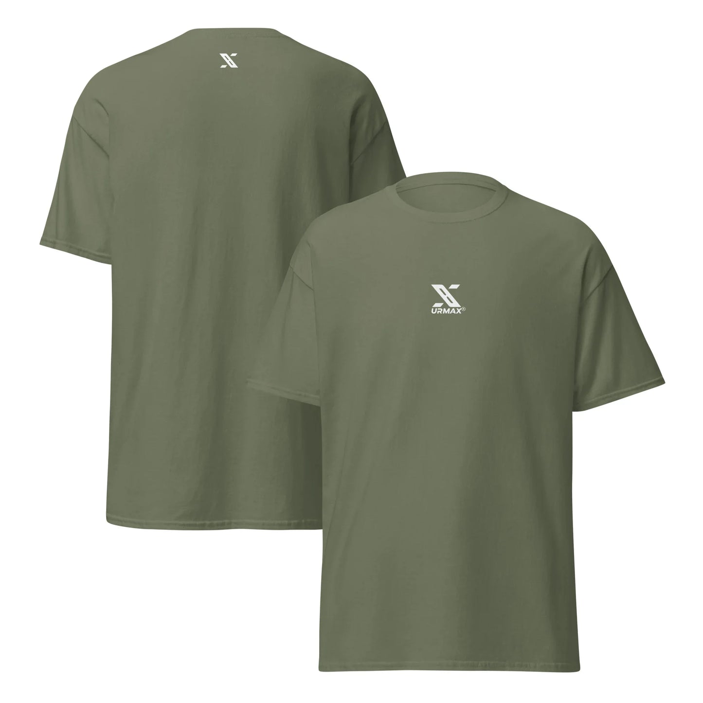 Unisex classic military green t-shirt with URMAX logo on chest and upper back