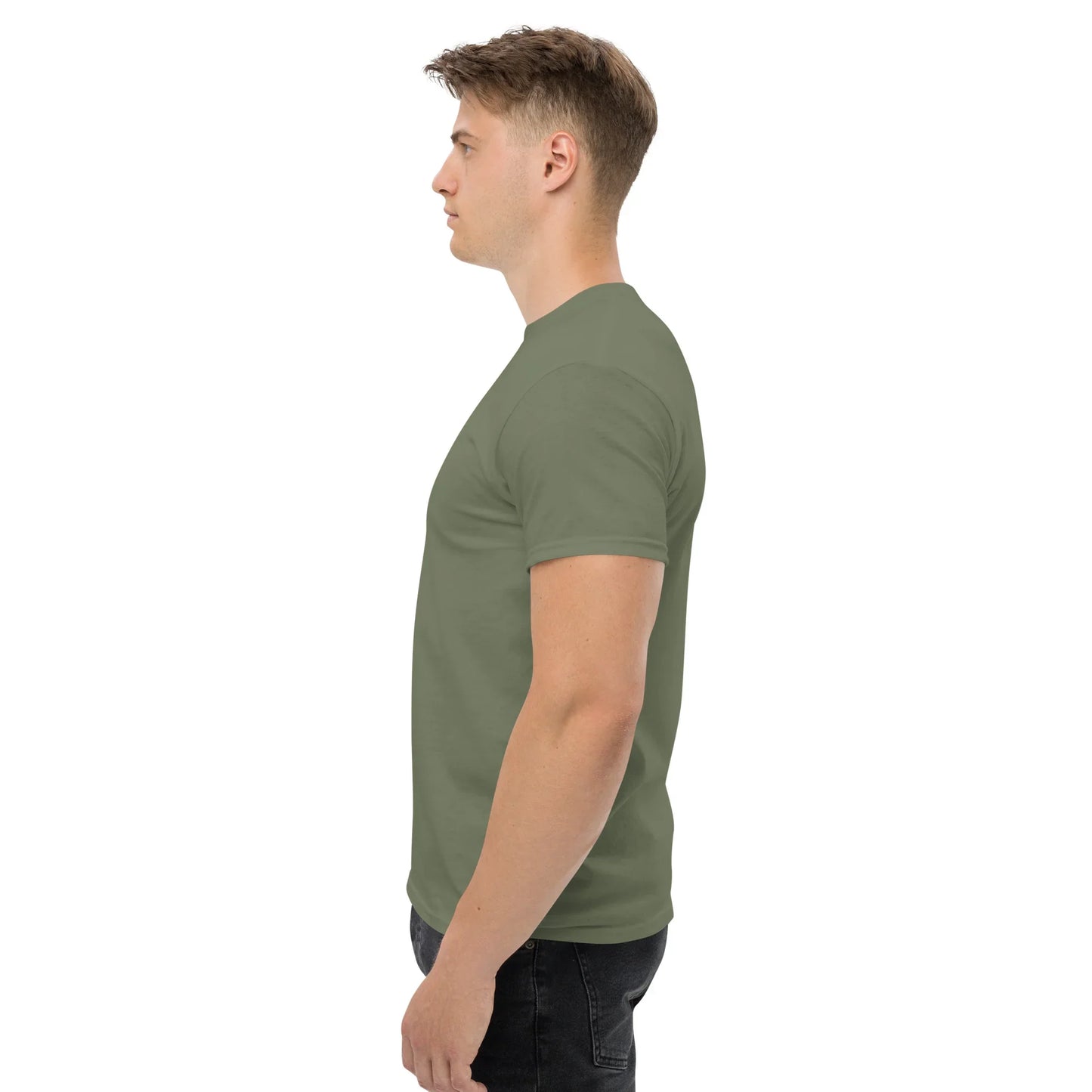 Unisex classic tee in military green, side view, urmax high-quality activewear