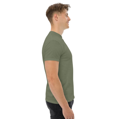 Man in military green unisex classic tee, side view, urmax apparel