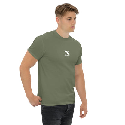 Man wearing military green URMAX unisex classic tee with white logo, side view