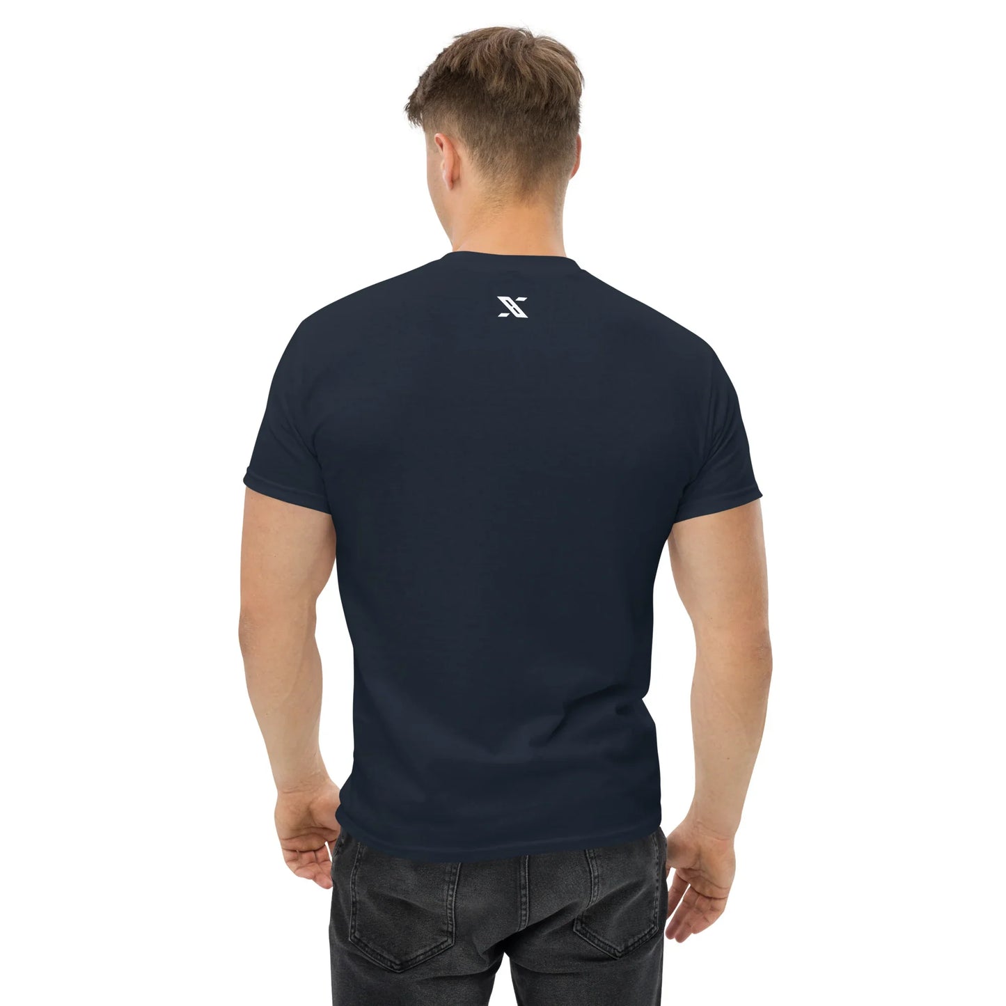 Back view of man wearing navy unisex classic tee with small urmax logo, casual style