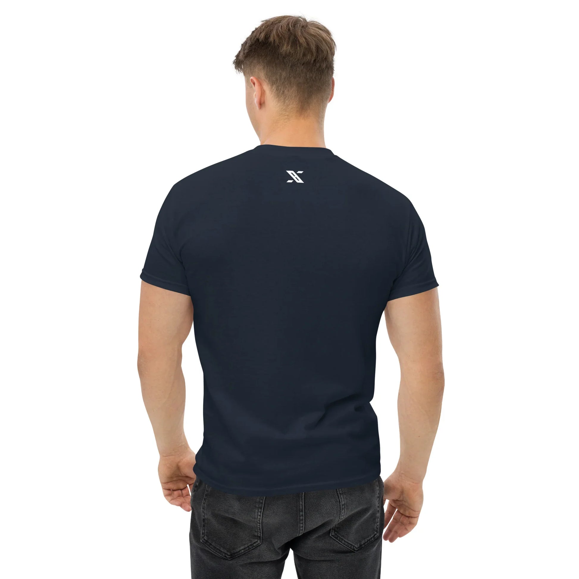 Back view of man wearing navy unisex classic tee with small urmax logo, casual style