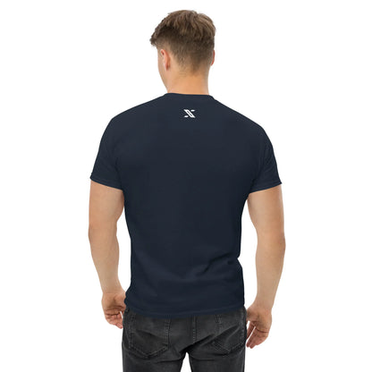 Back view of man wearing navy unisex classic tee with small urmax logo, casual style