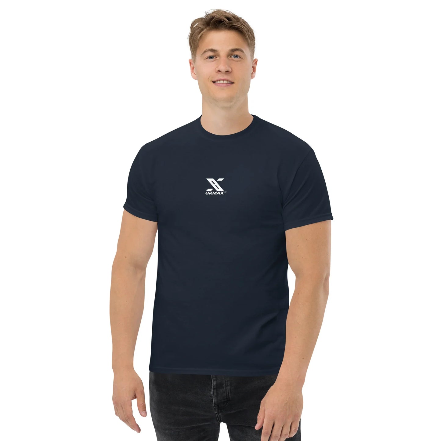 Man wearing navy unisex classic tee with white urmax logo, fitness apparel