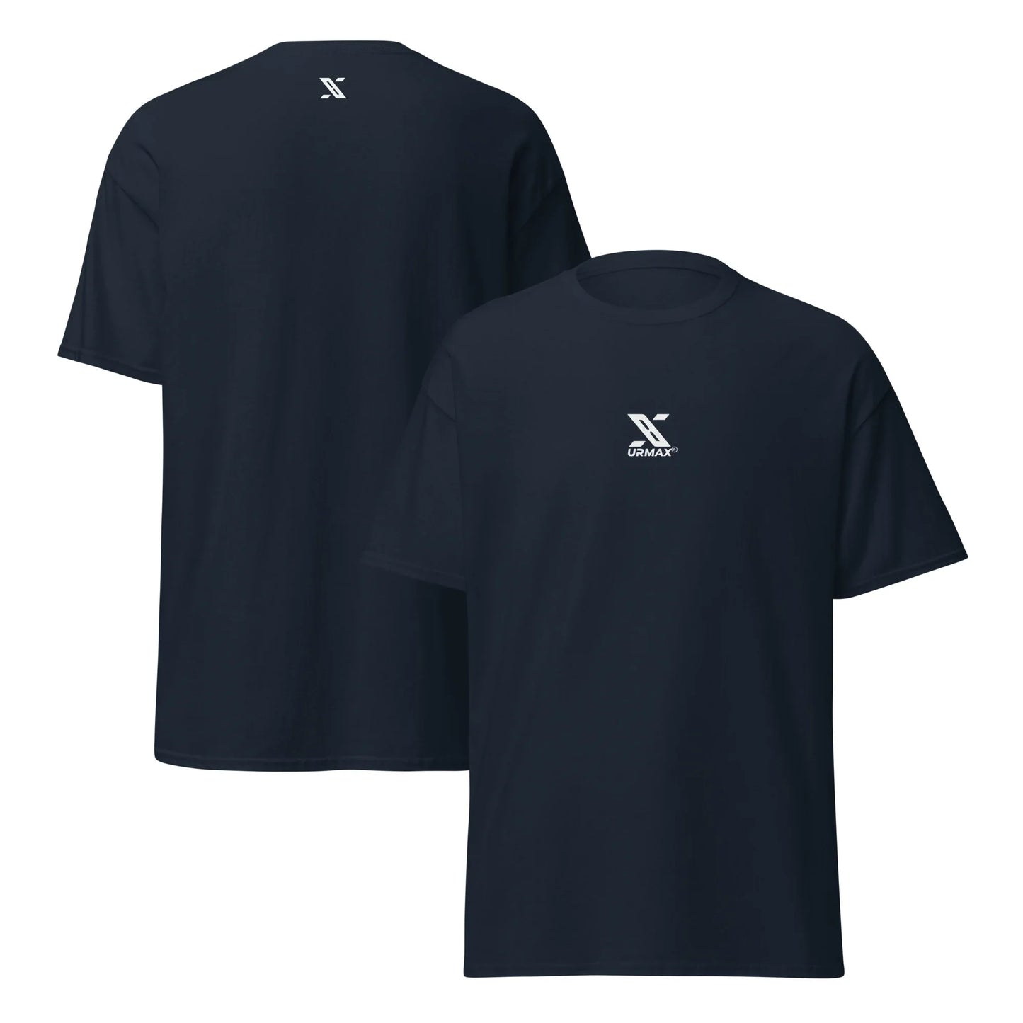 Navy unisex classic t-shirt with white URMAX logo on front and back, athletic fit