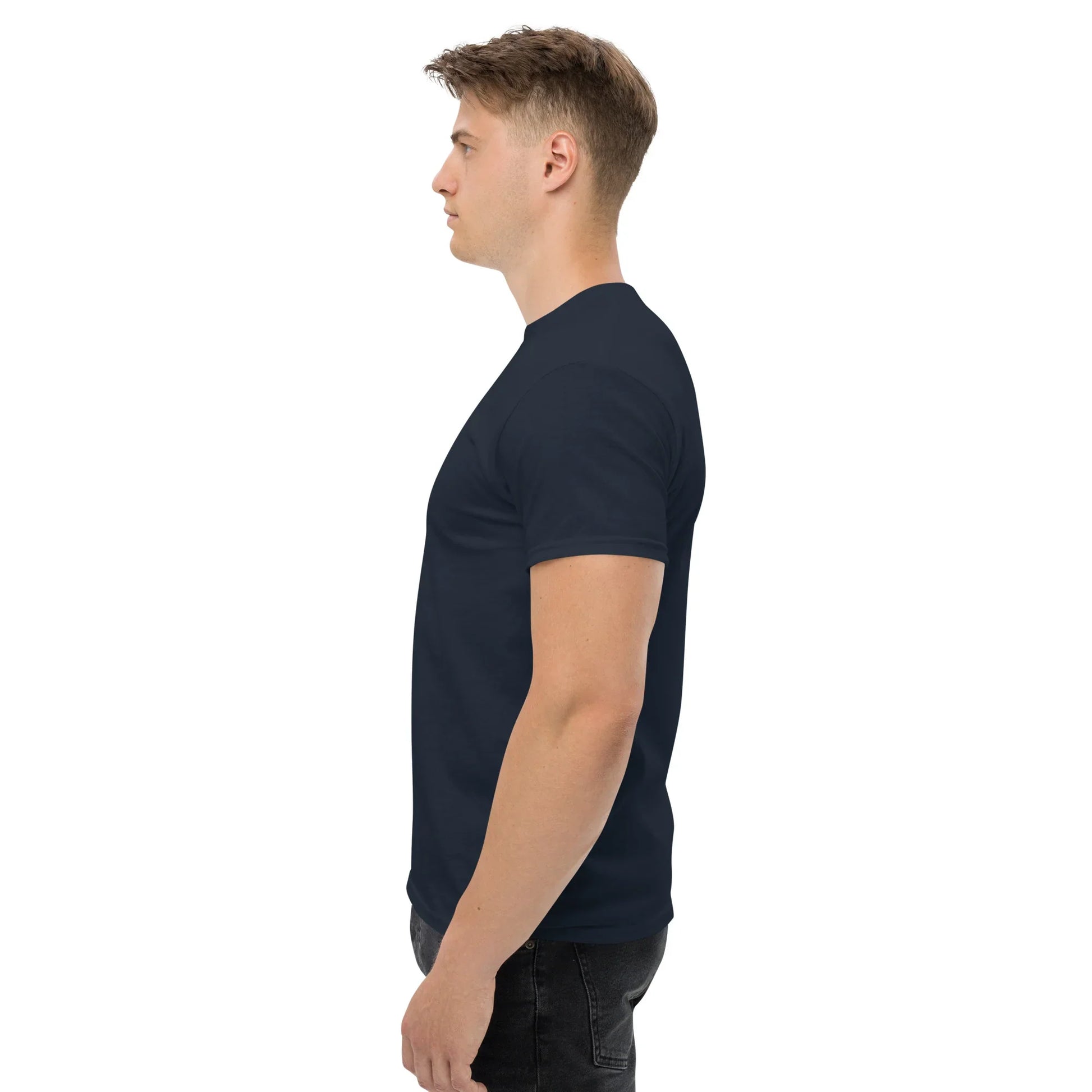 Unisex classic navy tee side view on male model, urmax apparel, plain short-sleeve shirt